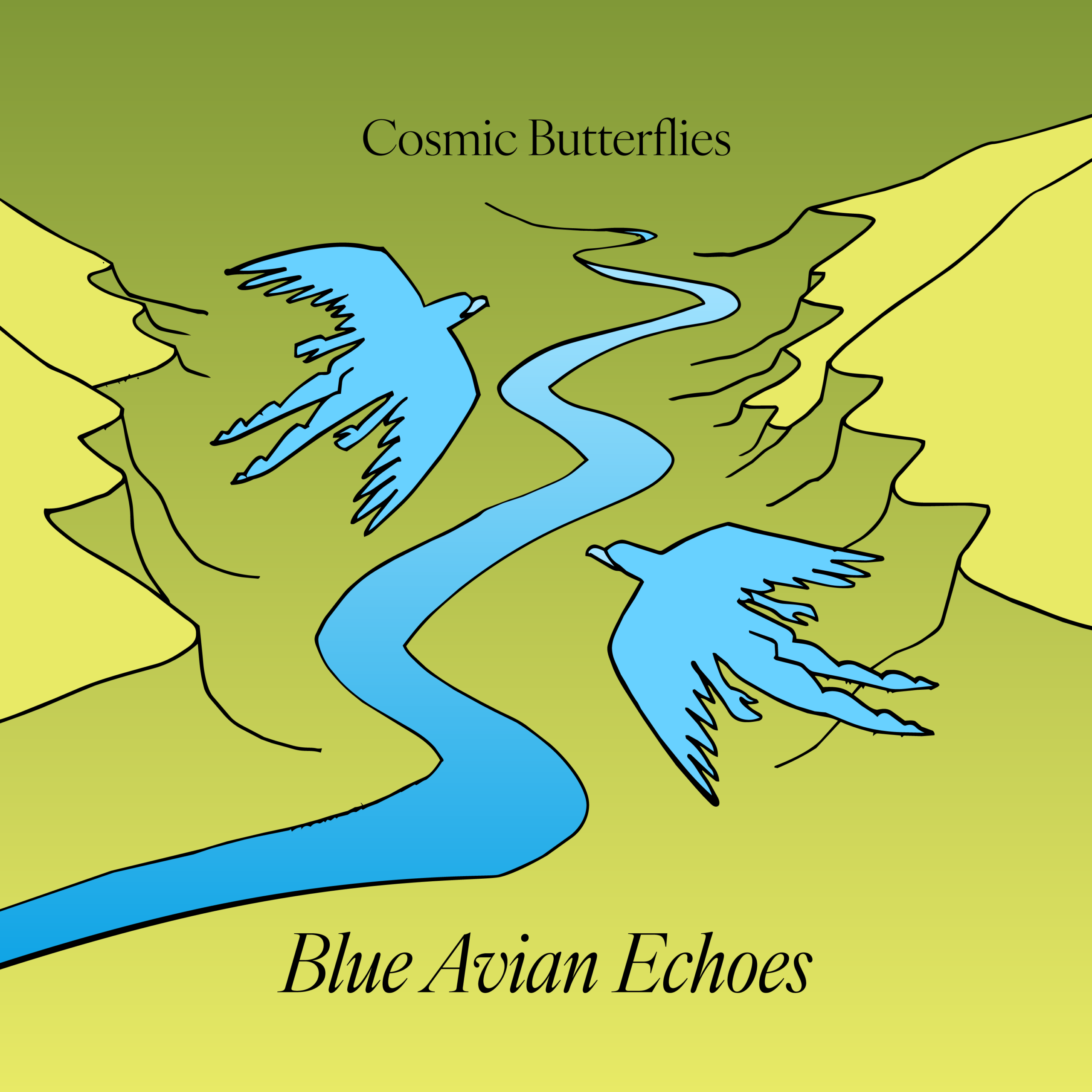 two blue winged beings with arms and legs soaring over a green valley with a blue river, hand-illustrated art