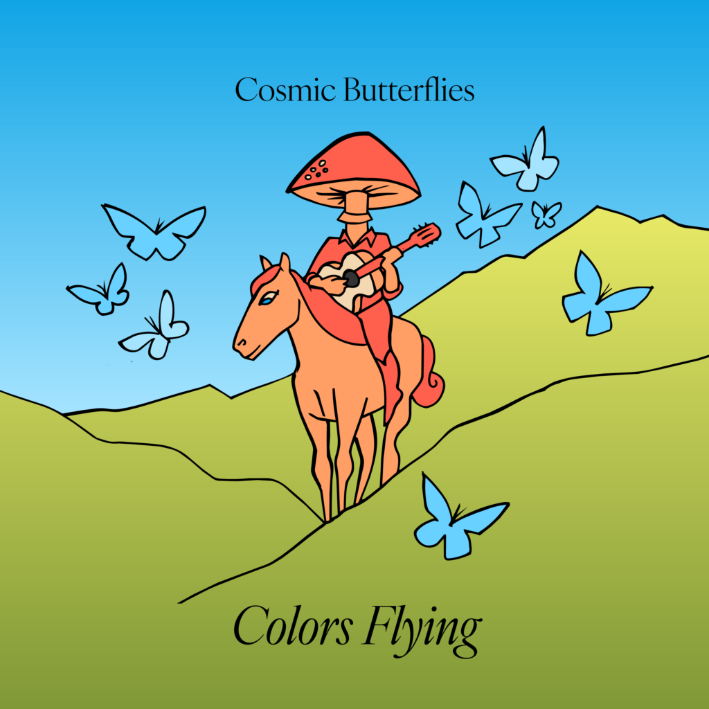 amanita muscaria mushroom man playing guitar while riding a horse, butterflies flying, hand-illustrated art