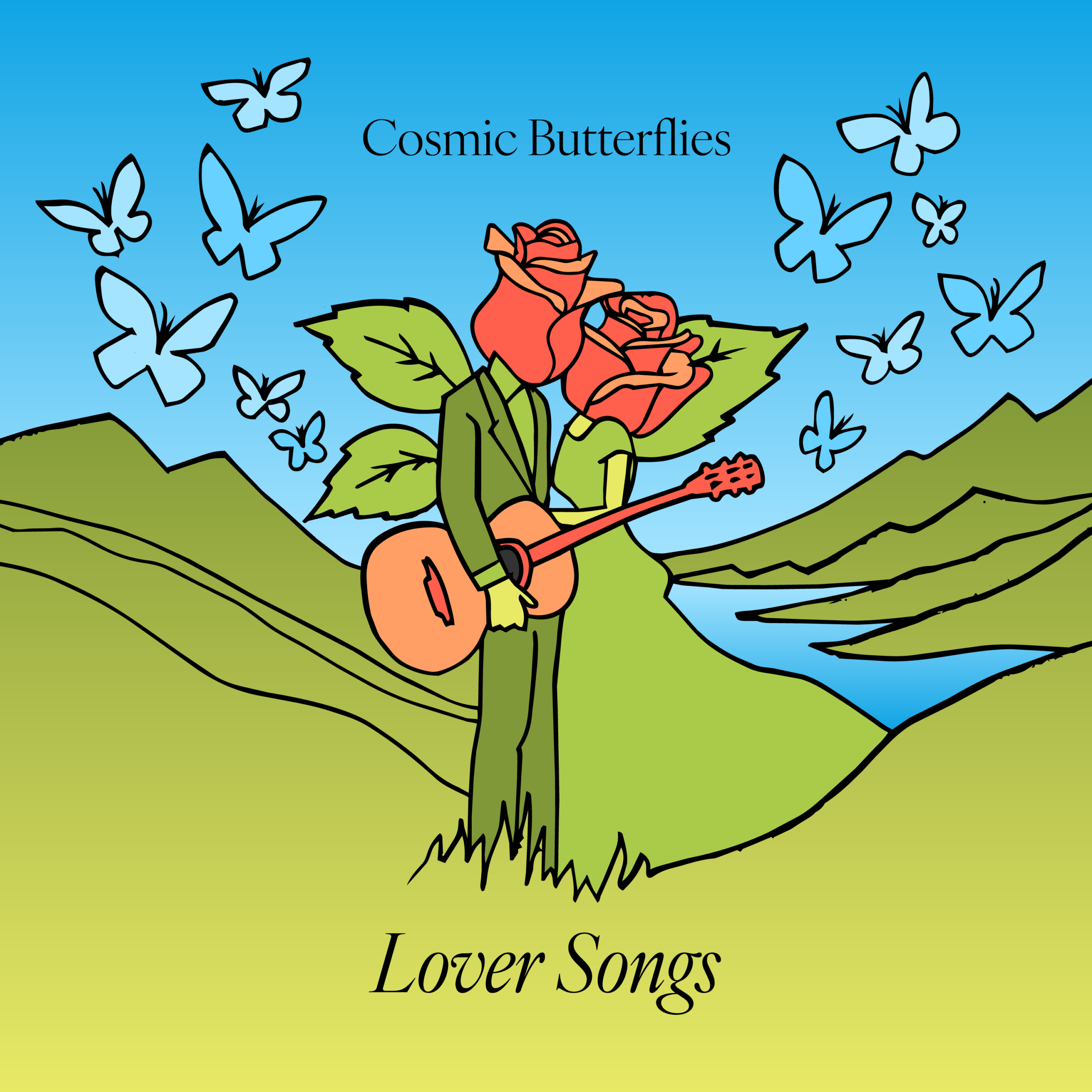 two orange rose people kissing while holding a guitar, butterflies flying, hand-illustrated art